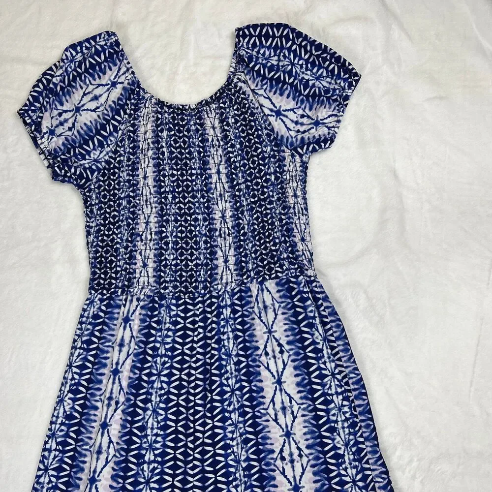 Justice Blue And White Puff Sleeve Jumpsuit Girls Size 18 Split Leg Smocked